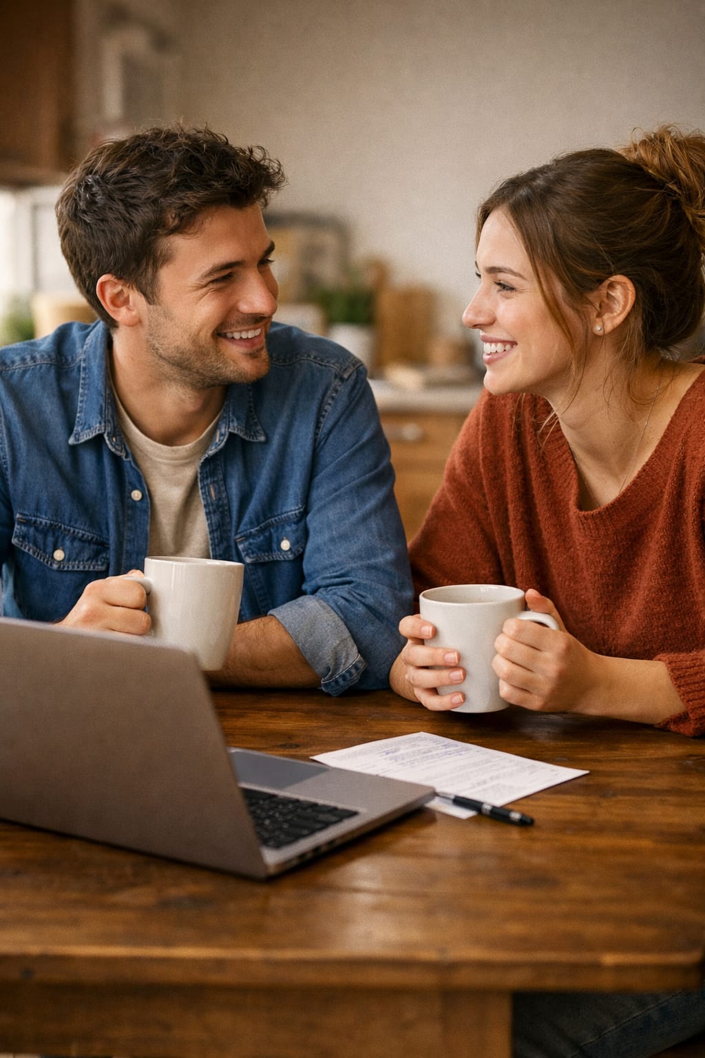 Couple having a calm money conversation over coffee at home.