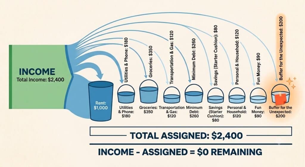 Zero-based budgeting diagram showing every dollar assigned to a category.