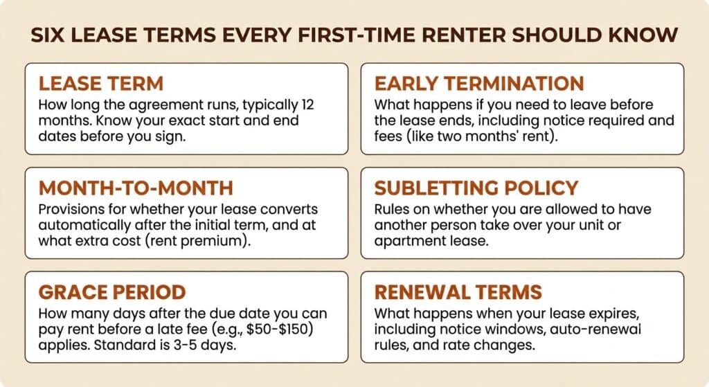 Visual glossary of six important lease terms for first-time renters, with plain-language definitions.