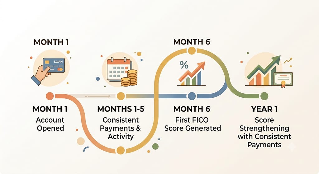 A clean timeline graphic illustrating the credit-building stages from month 1 to year 1 with icons.