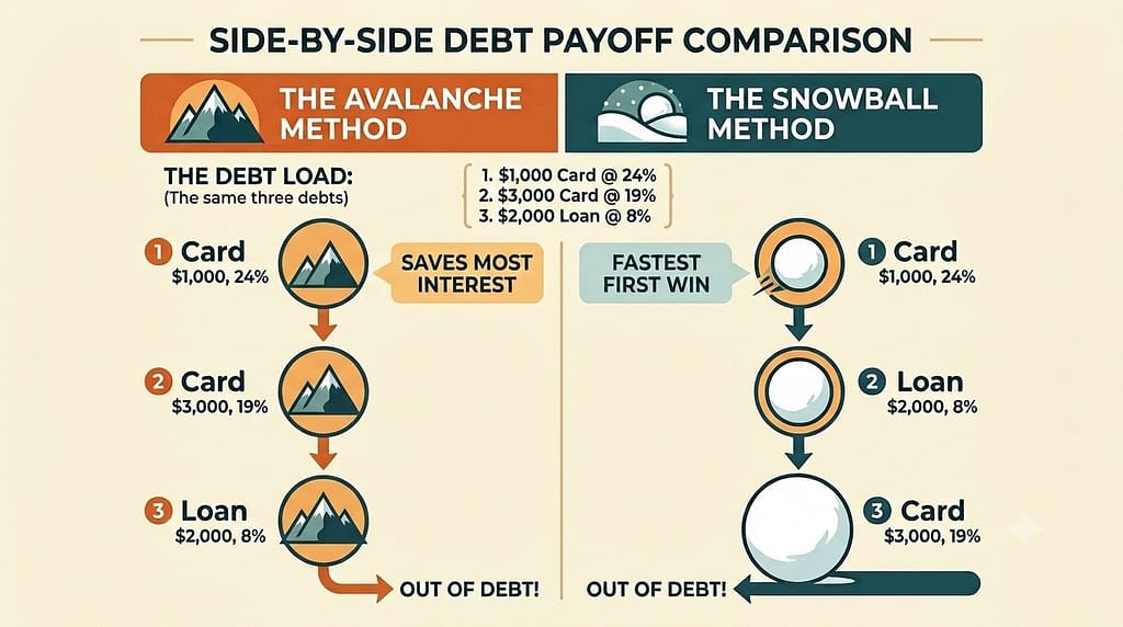 Debt snowball vs avalanche payoff order compared on the same debts