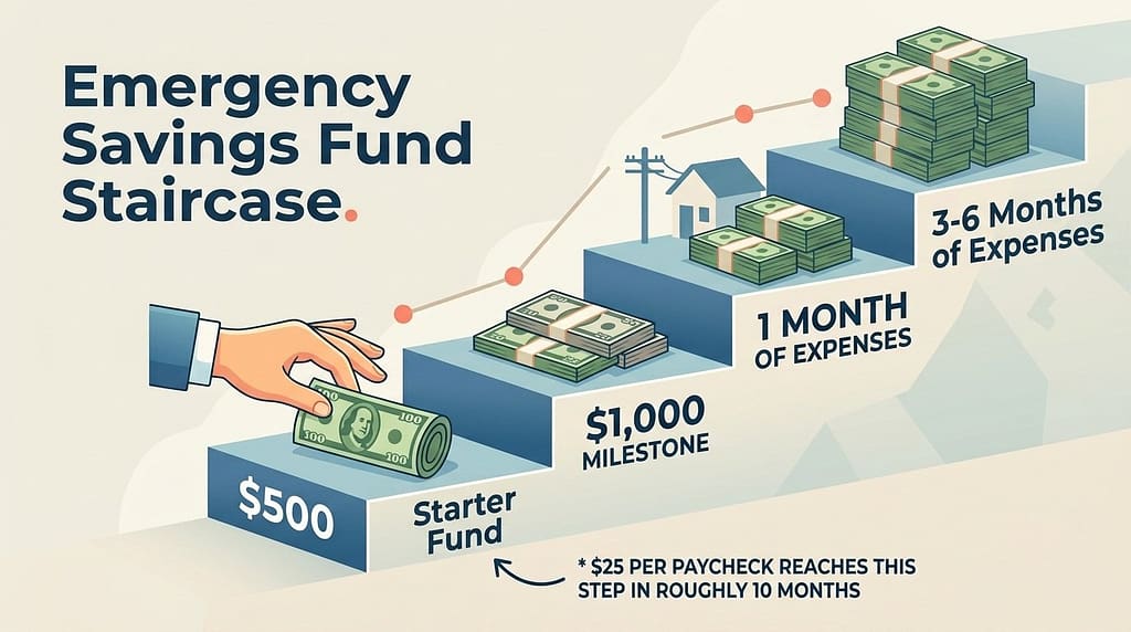 Starter emergency fund milestones for a tight budget.