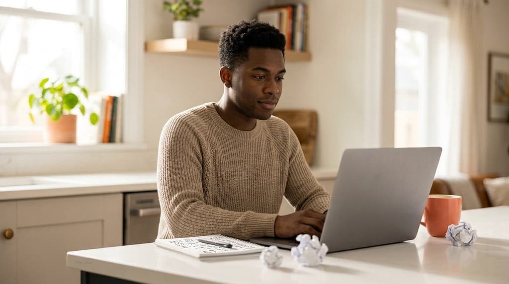 A young adult reviewing student loan hardship options at a kitchen table.