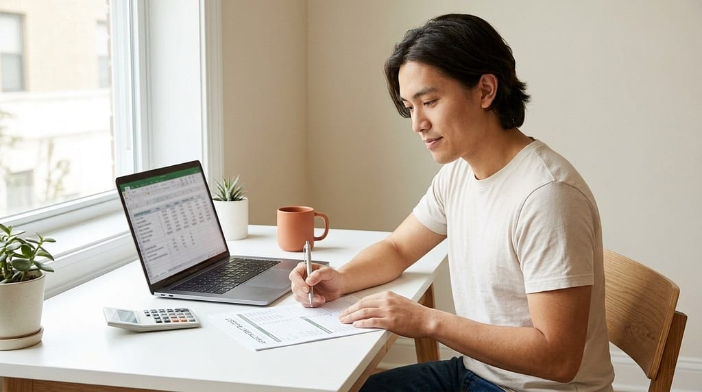 A young adult reviewing apartment budget numbers at a desk, planning how much money to save before renting their first apartment.