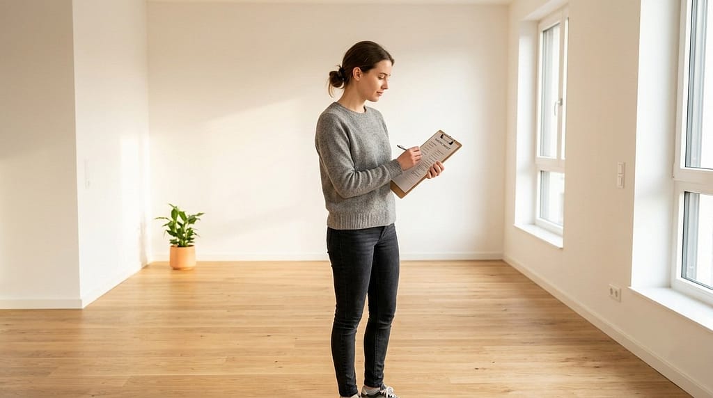 A young adult with a clipboard completing a move-in inspection in a bright unfurnished apartment, following a first apartment checklist.