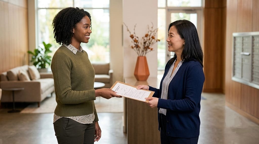 A young adult submitting a rental application to a landlord, illustrating how to rent an apartment with no credit history.