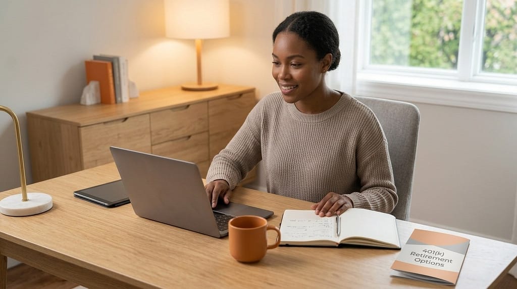 Young professional reviewing 401(k) retirement contribution options at their desk.