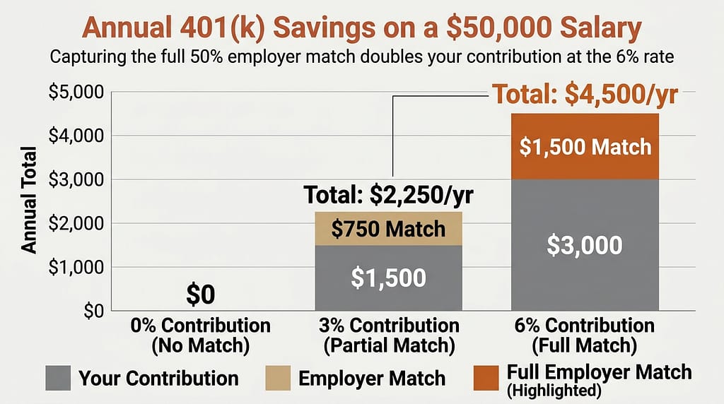 Chart comparing three 401k contribution levels showing how employer match adds up at 0, 3, and 6 percent contribution rates.