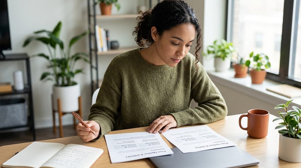 A young professional comparing two health plan options on paper during open enrollment.