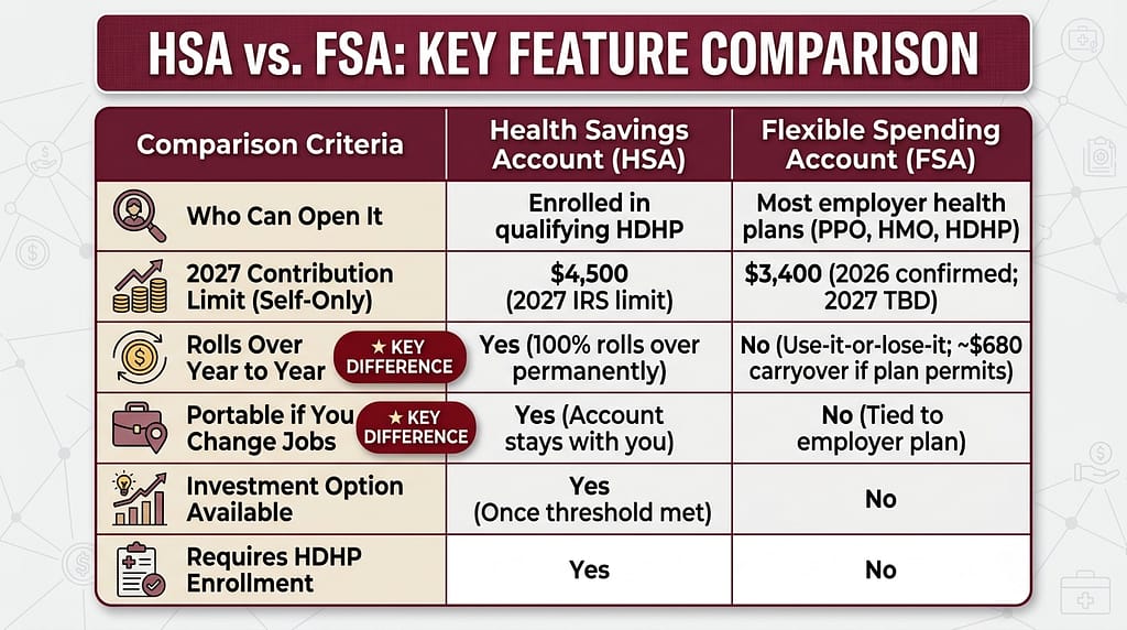 Side-by-side comparison table of HSA vs. FSA showing eligibility, contribution limits, rollover rules, portability, investment options, and HDHP requirements.