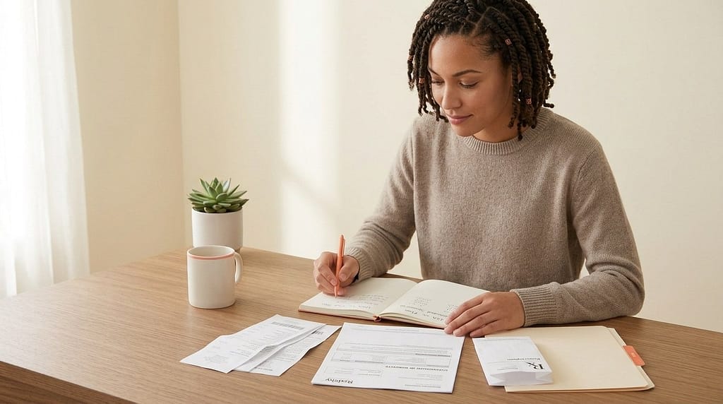 A young professional organizing healthcare receipts and open enrollment documents at a clean desk.