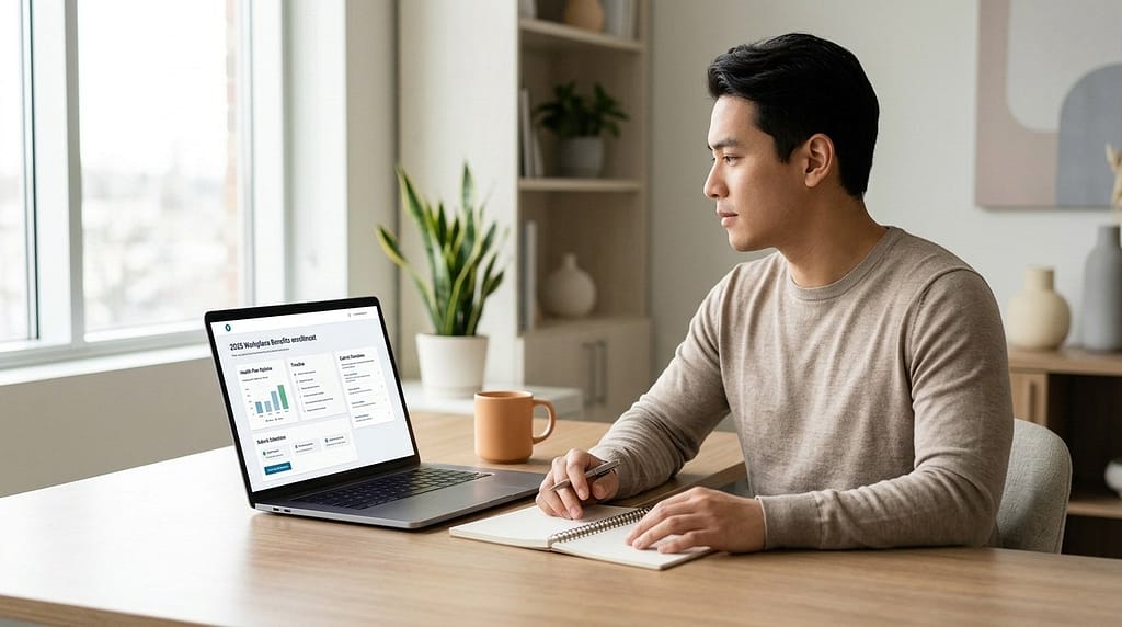 A young professional reviewing workplace benefits options on a laptop during open enrollment.