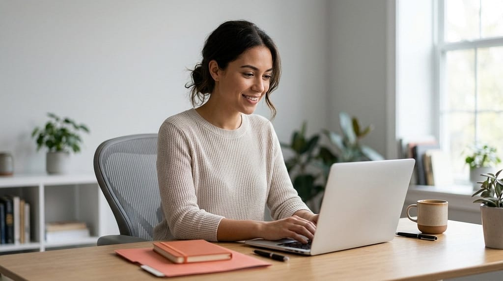 A young adult setting up a 401(k) for beginners on a laptop at a calm, organized desk.