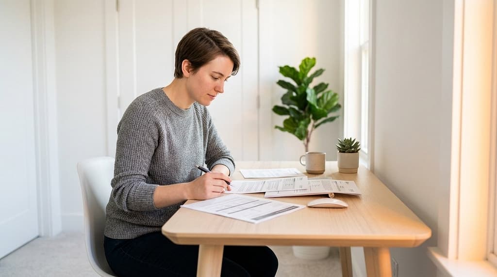 A young professional reviewing HSA vs FSA enrollment documents at a well-lit home office desk.