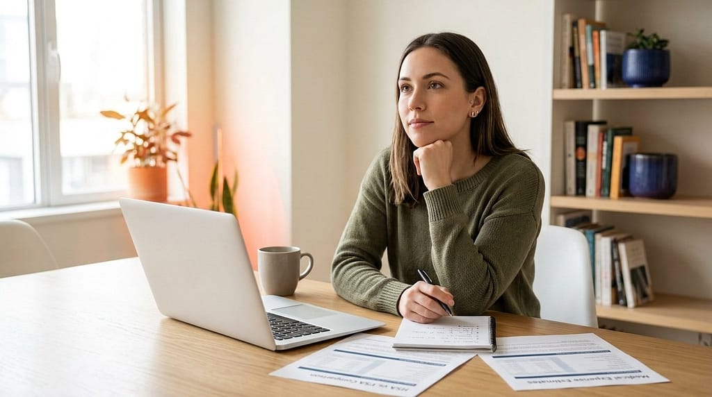 A young professional weighing how to choose between an HSA and FSA during open enrollment at a home workspace.