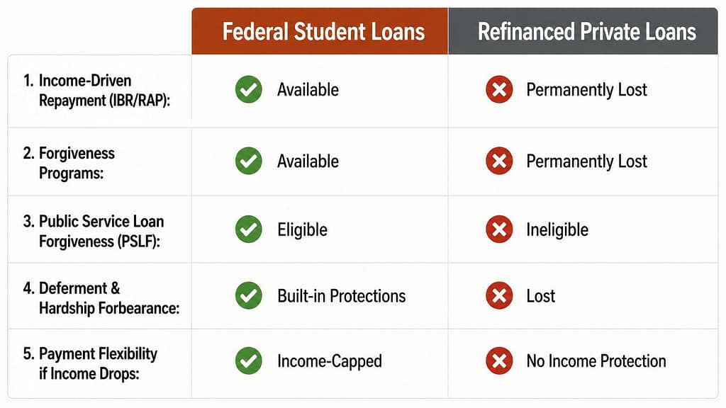 Comparison chart showing what federal student loan protections are permanently lost when a borrower refinances into a private loan.