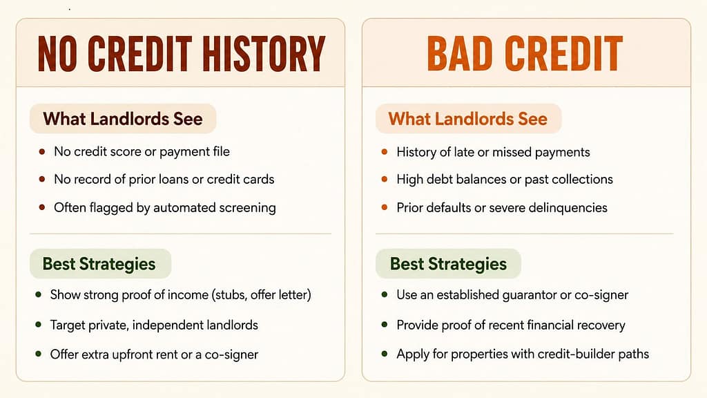 Comparison graphic showing what landlords see with no credit history versus bad credit, and strategies for each scenario.