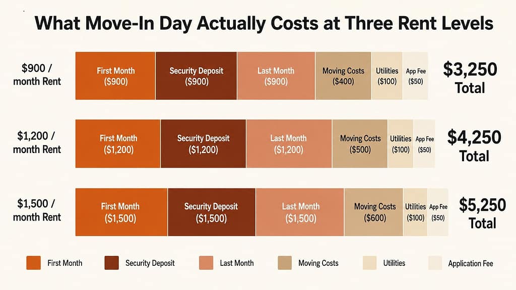 Stacked bar chart showing total estimated apartment move-in costs broken down by category across three monthly rent levels: $3,250 total for $900 rent, $4,250 total for $1,200 rent, and $5,250 total for $1,500 rent.