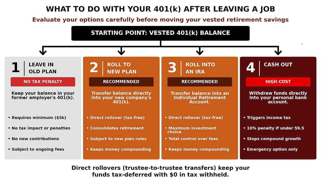 Decision flowchart showing four options for your 401k after leaving a job including rolling it over or leaving it in the old plan.