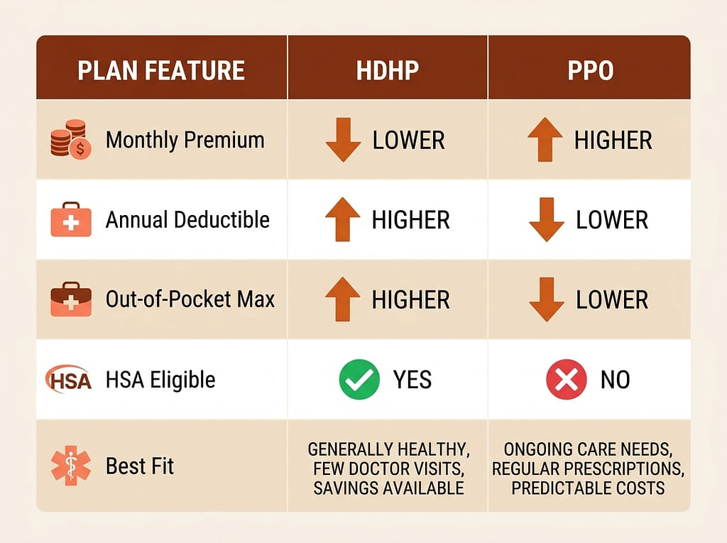 Side-by-side comparison table showing the premiums, deductibles, HSA eligibility, and best fit scenarios for HDHP versus PPO health plans.