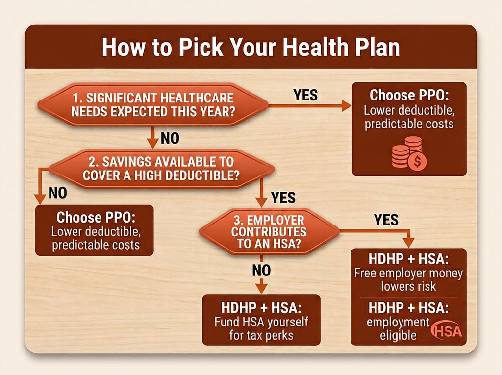 Decision flowchart with three questions guiding readers to choose an HDHP or PPO health plan based on healthcare needs, savings, and employer HSA contributions.
