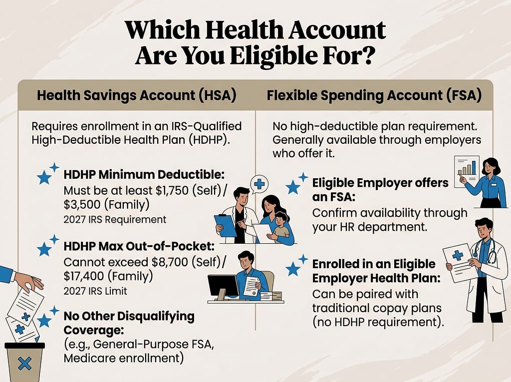A flowchart comparing HSA and FSA eligibility requirements, including 2027 IRS HDHP deductible and out-of-pocket thresholds.