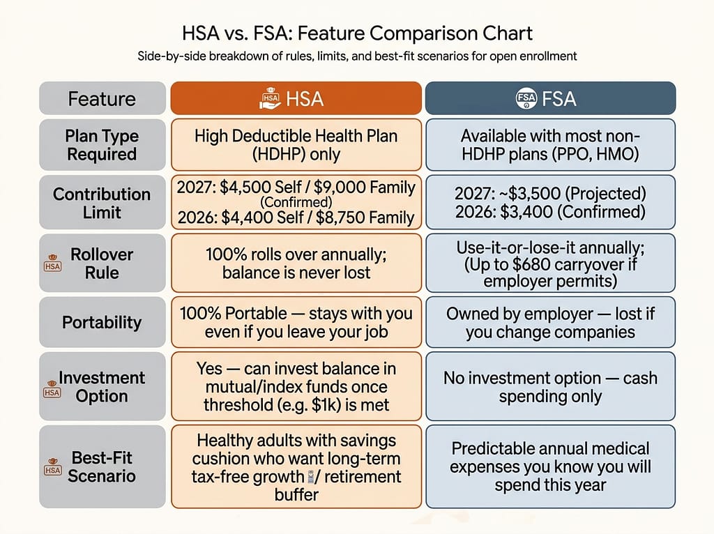 Side-by-side comparison of HSA and FSA features including 2027 contribution limits, rollover rules, and portability.