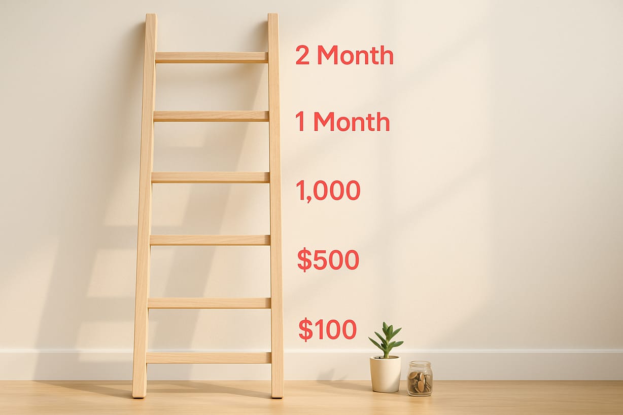 Photo of a wooden ladder against a bright sunlit wall with rungs labeled $100, $500, $1,000, 1 Month, and 2 Months, next to a small plant and coin jar representing steady progress in building an emergency fund.