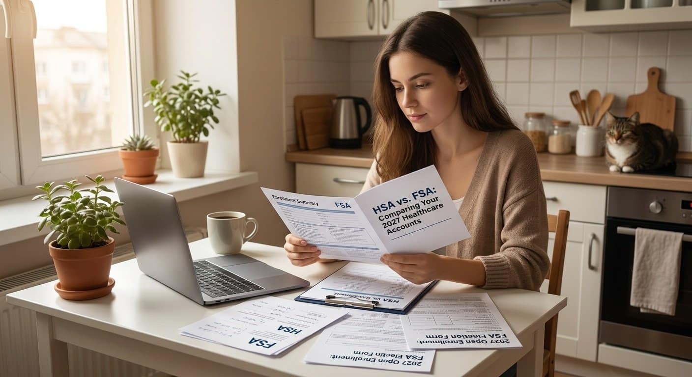 A young adult sitting at a kitchen table with a laptop, coffee mug, and benefit documents, thoughtfully reviewing health insurance options.