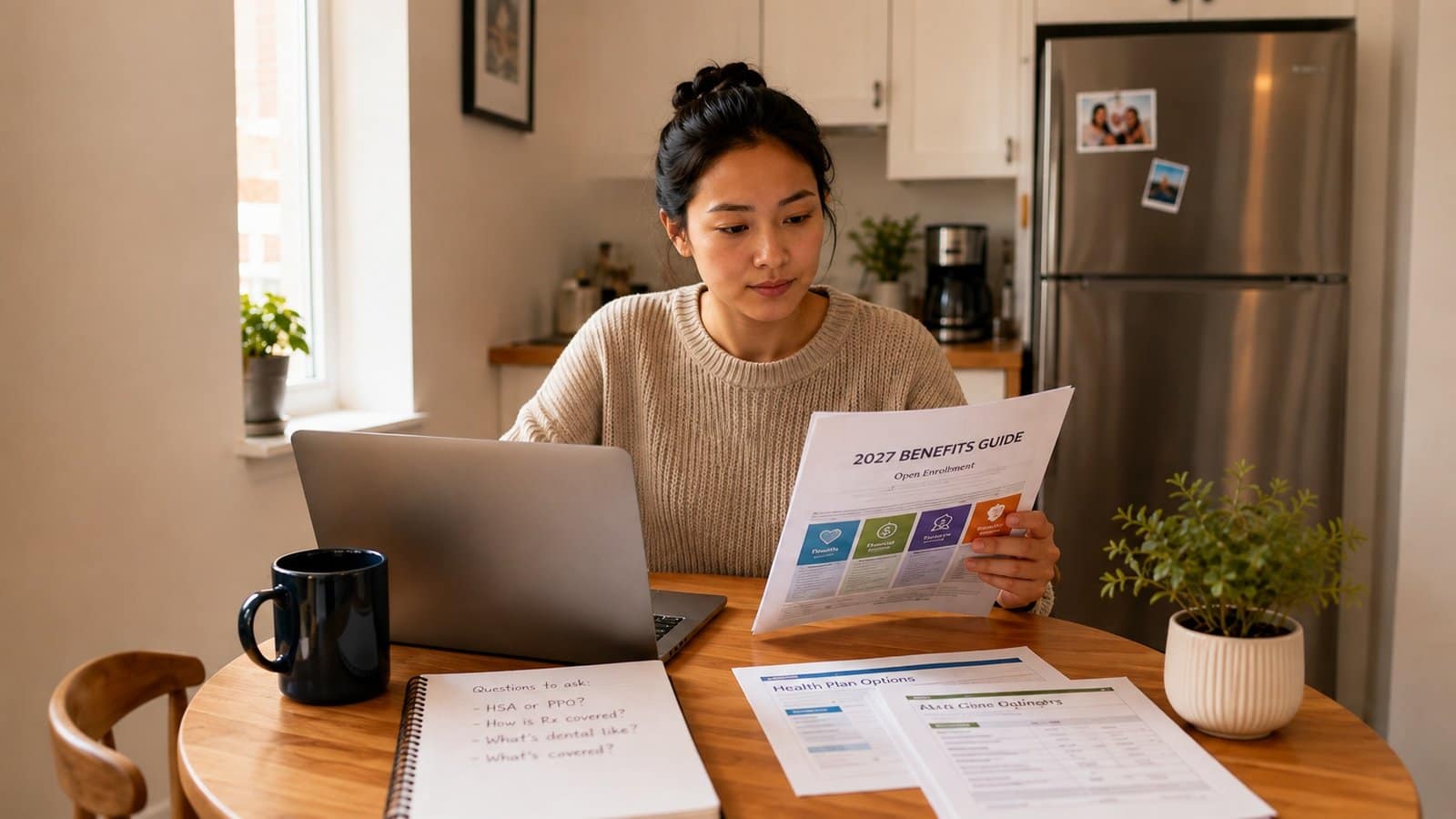 Young professional sitting at a kitchen table calmly reviewing a laptop and an employee benefits packet in warm natural light.