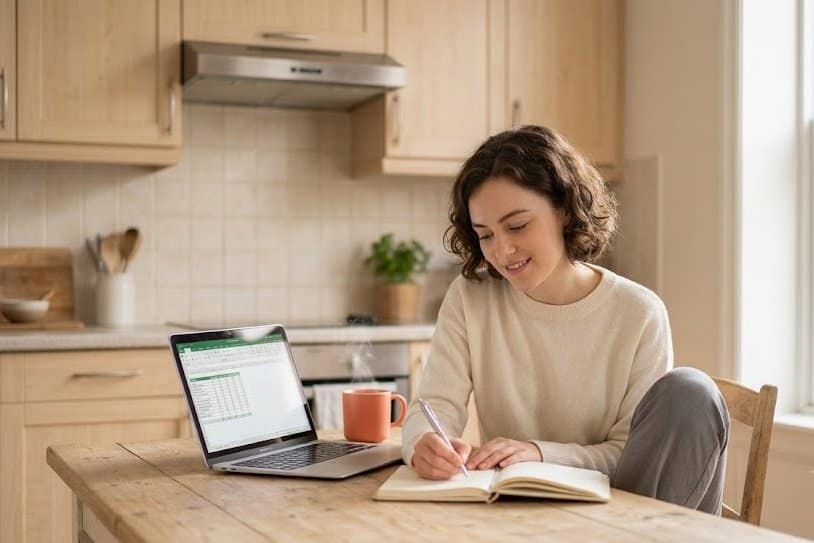 A beginner learning how to budget money by writing income and expenses in a notebook at home.