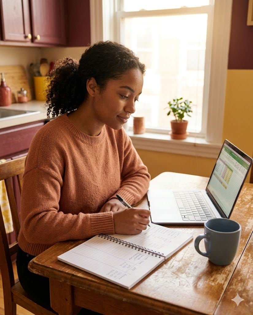 A young Black woman in her 20s sits calmly at a kitchen table with a notebook and laptop, reviewing her financial plan in natural, warm sunset light