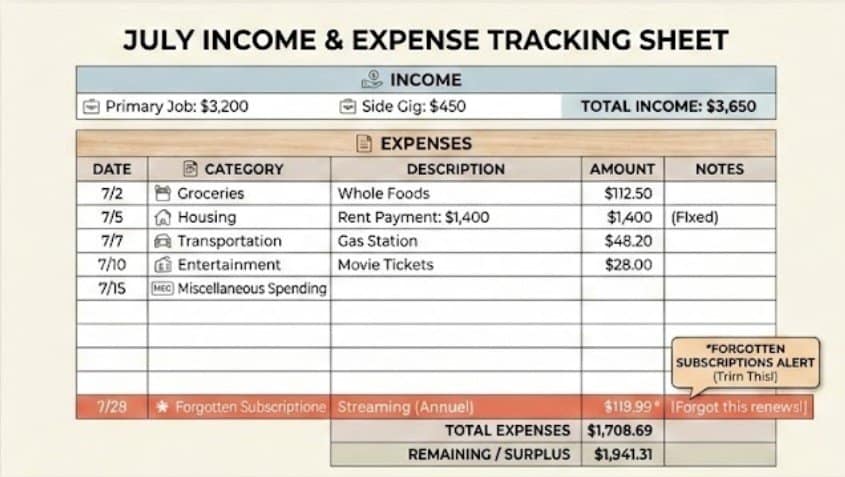 Sample one-month tracking sheet for beginners learning how to budget money.